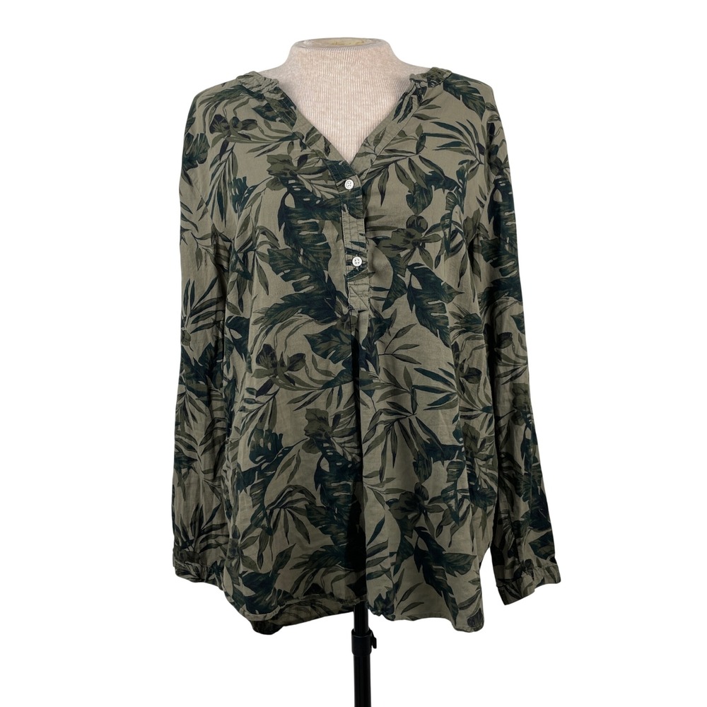 Old Navy Womens Large Green Tropical Leaf Print Cotton Henley Blouse Long Sleeve